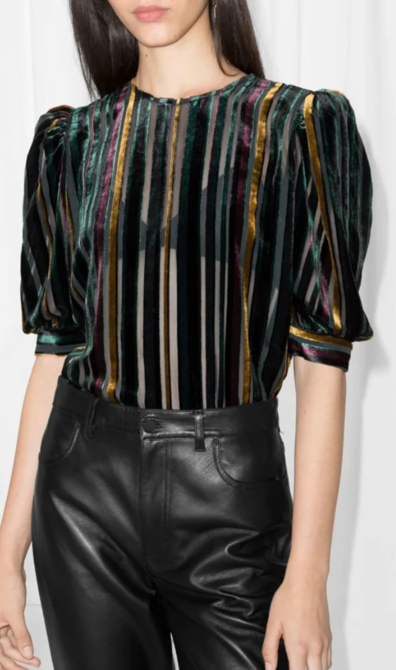 Do + Be sheer velvet striped puff sleeve top Size S Retro Whimsigoth Glam Luxe